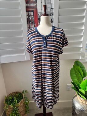Madewell navy striped henley dress with cream and rust stripes